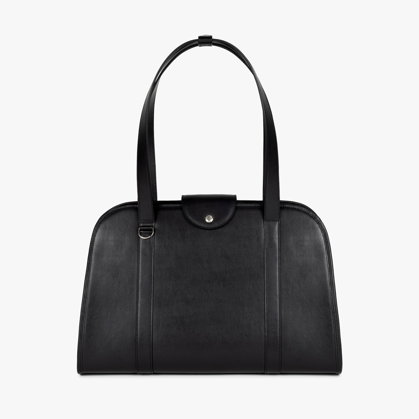 Front view of NOTCOMMON STUDIO’s Companion Tote Bag, showcasing its sleek black recycled leather, minimalist silhouette, and premium craftsmanship.