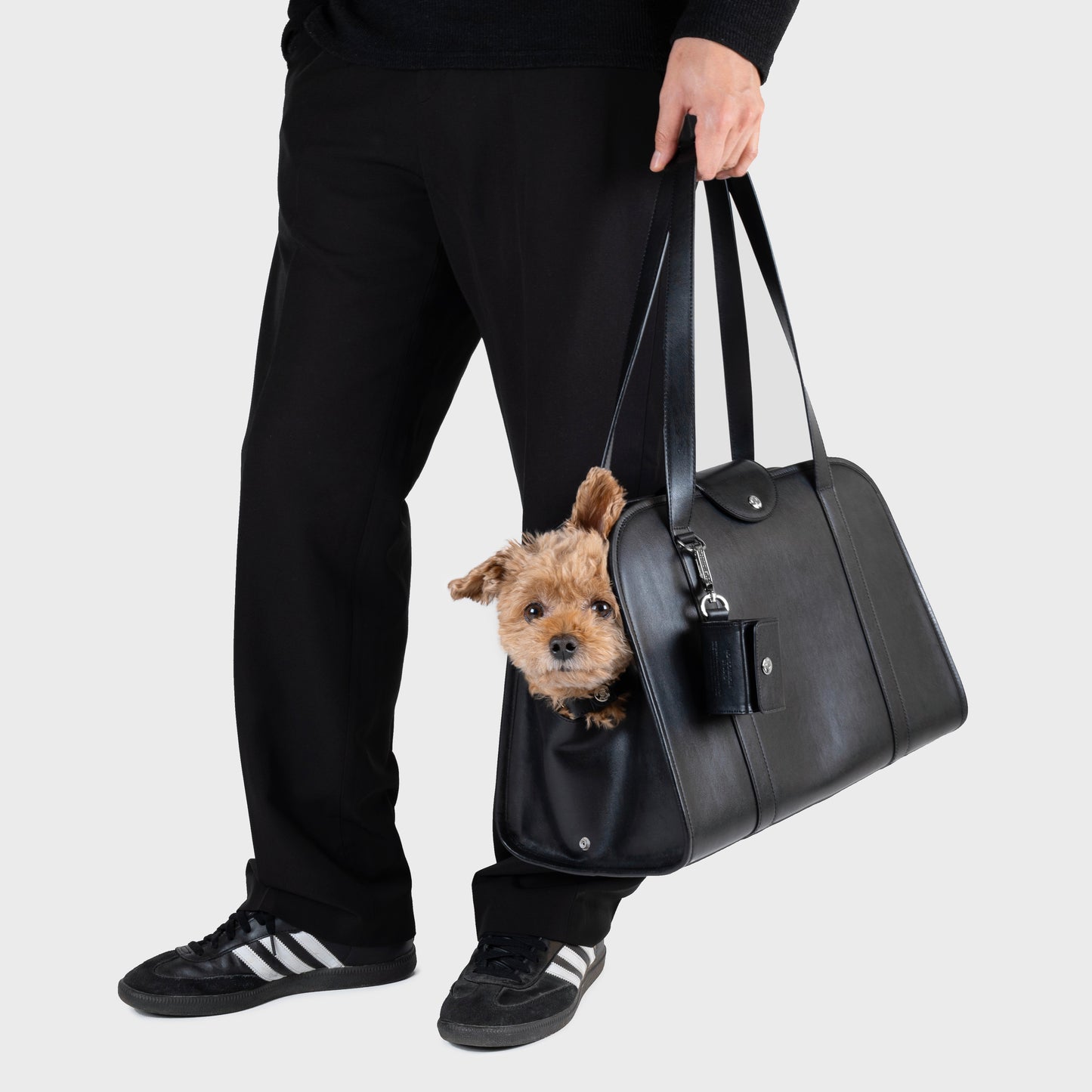 Person carrying a Companion Tote Bag with a small dog inside.
