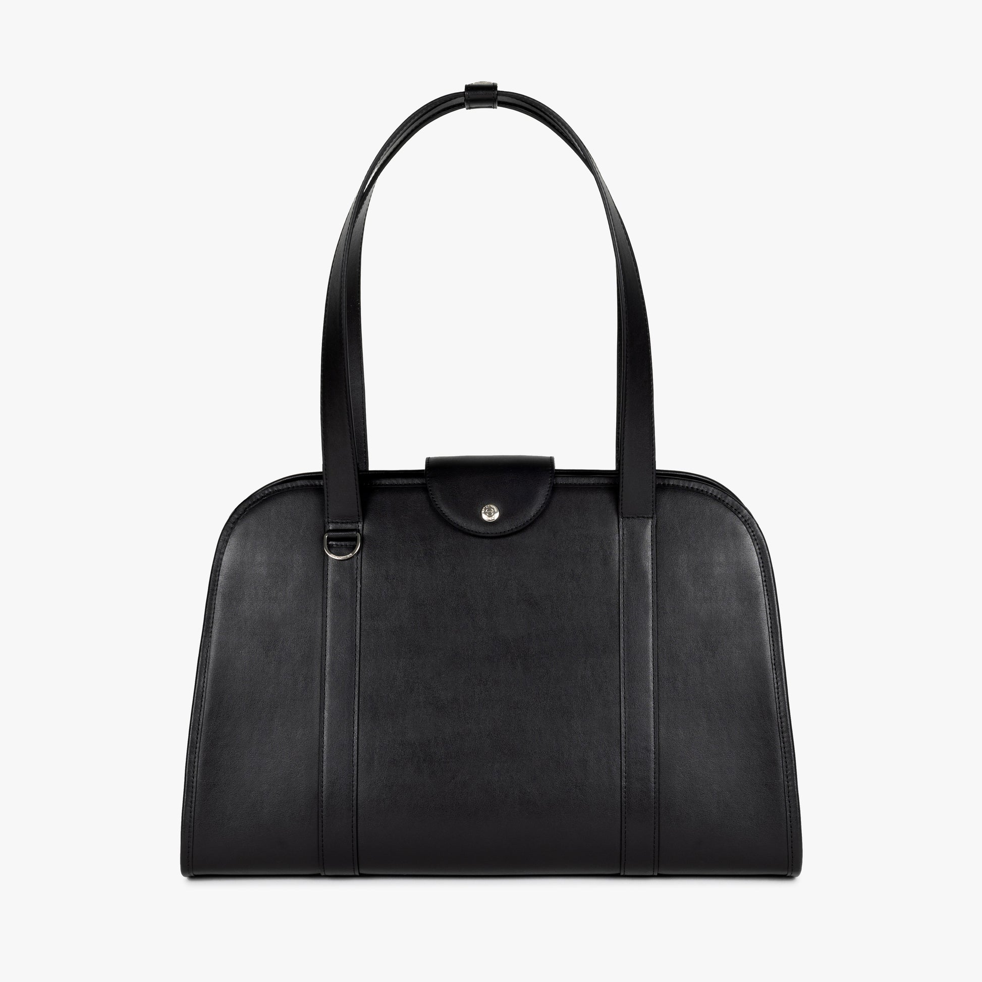 Front view of NOTCOMMON STUDIO’s Companion Tote Bag, showcasing its sleek black recycled leather, minimalist silhouette, and premium craftsmanship.