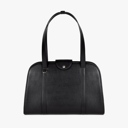 Front view of NOTCOMMON STUDIO’s Companion Tote Bag, showcasing its sleek black recycled leather, minimalist silhouette, and premium craftsmanship.